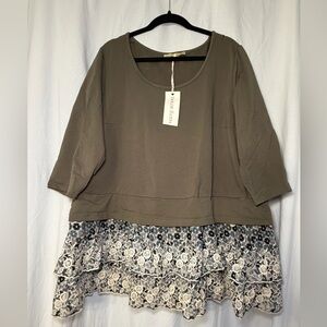 Isolde Roth Olive Green Layered Blouse with Floral Hem Cotton UK Brand Boho